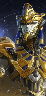 Futuristic armored warrior with gold and blue design in sci-fi wallpaper.