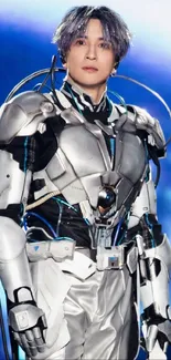 Person in silver futuristic armor with a blue background on mobile wallpaper.