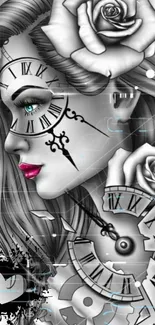 Futuristic art wallpaper with clock elements and roses in grayscale.