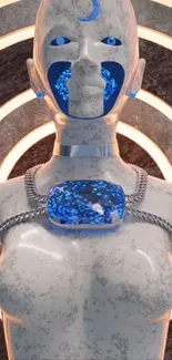 Futuristic android with glowing blue details in an art deco style.