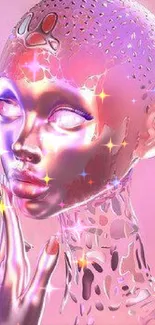 Surreal metallic humanoid head on pink background wallpaper.