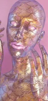 Futuristic metallic art face with golden scales on a pink background.