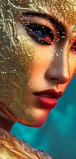 Futuristic portrait with gold mask and blue background.