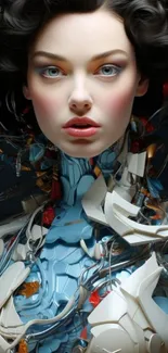 Futuristic woman integrated with technology in vibrant colors.