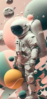 3D astronaut surrounded by abstract colorful spheres on a beige background.