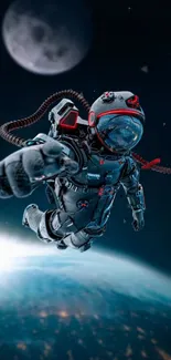 Futuristic astronaut floating above Earth with the moon in the background.