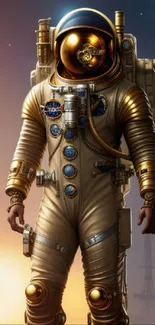 Futuristic astronaut in space-themed mobile wallpaper with golden highlights.