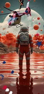 Astronaut with helicopter in red surreal landscape