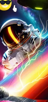 Vibrant astronaut and UFO in space-themed mobile wallpaper.