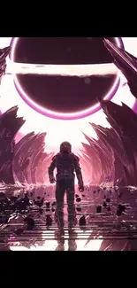 Astronaut in alien landscape with purple hues, near glowing planet.