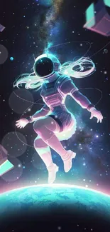 Astronaut floating in space with a cosmic background and glowing elements.