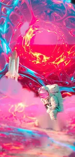 Futuristic astronaut in neon pink cosmos with a space shuttle.