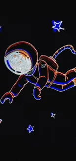 Neon astronaut floating in space with stars on a black background.