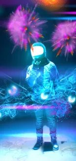 Futuristic astronaut surrounded by neon lights and cosmic elements.