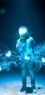 Futuristic astronaut with glowing blue spheres in sci-fi digital art.