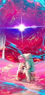 Futuristic astronaut in neon cosmic landscape with vivid colors.