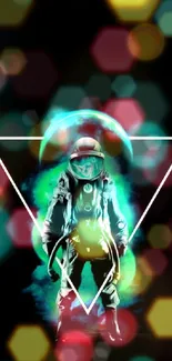 Futuristic astronaut with colorful bokeh and triangle design on a black background.