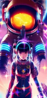 Neon astronaut art with vibrant colors and cosmic backdrop.