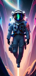 Futuristic astronaut in a colorful cosmic setting for mobile wallpaper.