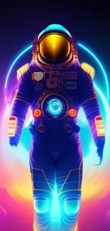 Futuristic neon astronaut in space with vibrant colors.