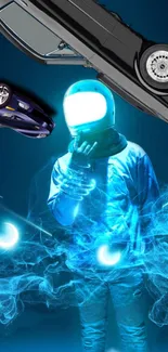 Futuristic astronaut in blue aura with cars and cosmic smoke.