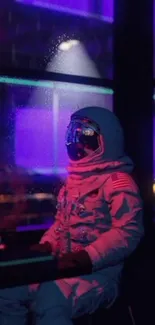 Futuristic astronaut in neon-lit café with purple hues.