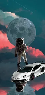 Astronaut standing by a car under a moonlit sky in a digital art wallpaper.