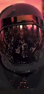 Astronaut helmet reflecting a futuristic city skyline.