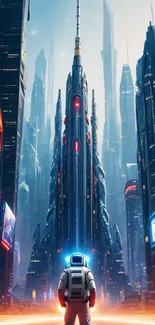Futuristic cityscape with astronaut and neon lights.