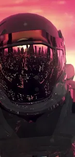 Futuristic cityscape reflected in astronaut's helmet with vibrant magenta hues.