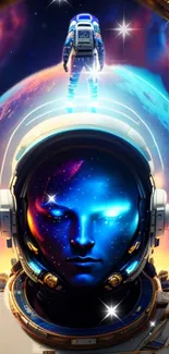 Futuristic astronaut with galaxy face shield in space.