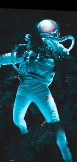 Futuristic astronaut floating in space with cyan aura on mobile wallpaper.