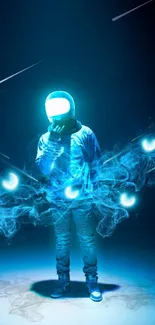 Futuristic astronaut surrounded by luminous blue energy in a sci-fi themed wallpaper.