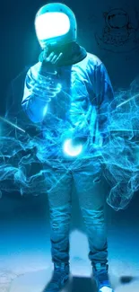 Futuristic astronaut with glowing blue design on mobile wallpaper.