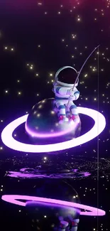 Astronaut fishing in cosmic galaxy with glowing purple rings.