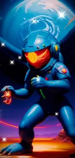 Blue-armored astronaut in cosmic galaxy scene.