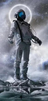 Astronaut standing in a galaxy with mystical background.