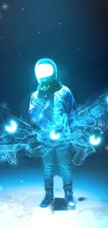 Futuristic astronaut in glowing blue aura with cosmic background.