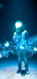 Futuristic astronaut glowing with mystical blue orbs