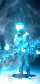 Futuristic astronaut with blue glow and smoke effect in a digital art wallpaper.