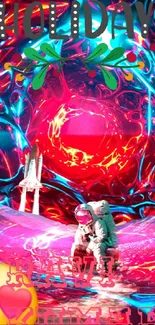 Futuristic scene with astronaut and holiday theme in vibrant colors.