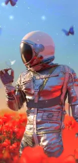 Astronaut in a field of red flowers with butterflies and a dreamy sky.