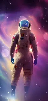 Astronaut surrounded by vibrant cosmic colors in a galaxy-themed wallpaper.