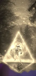 Astronaut standing inside glowing triangle in a sepia-toned forest night.