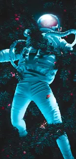 Futuristic astronaut surrounded by vibrant, glowing foliage in cyan and dark colors.