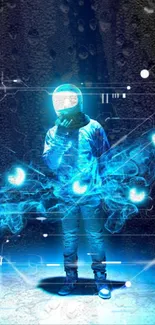 Futuristic astronaut in neon blue digital artwork, glowing with vibrant energy.