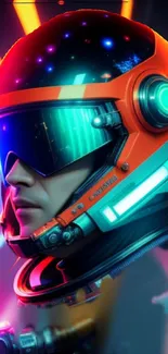 Futuristic astronaut with neon helmet and cosmic background.