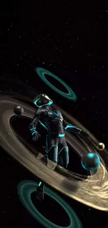 Futuristic astronaut floats in space with glowing rings.