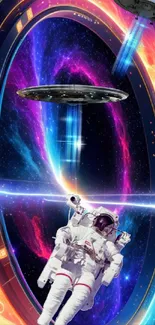 Astronaut in a vibrant space portal with UFOs and stunning colors.