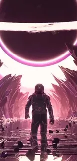 Astronaut in a futuristic pink and purple cosmic landscape.